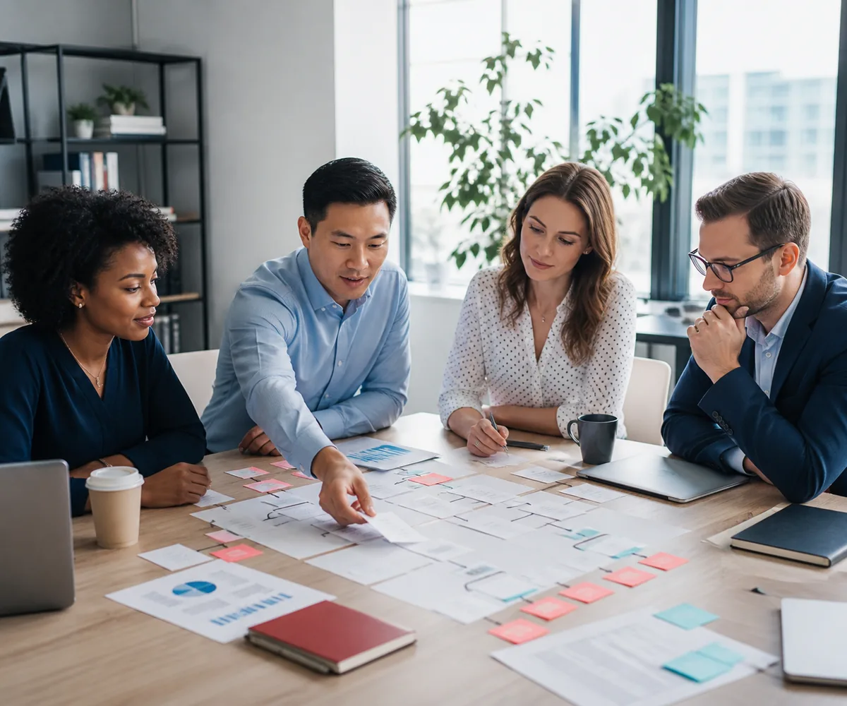 Business operations specialists mapping and improving a service workflow