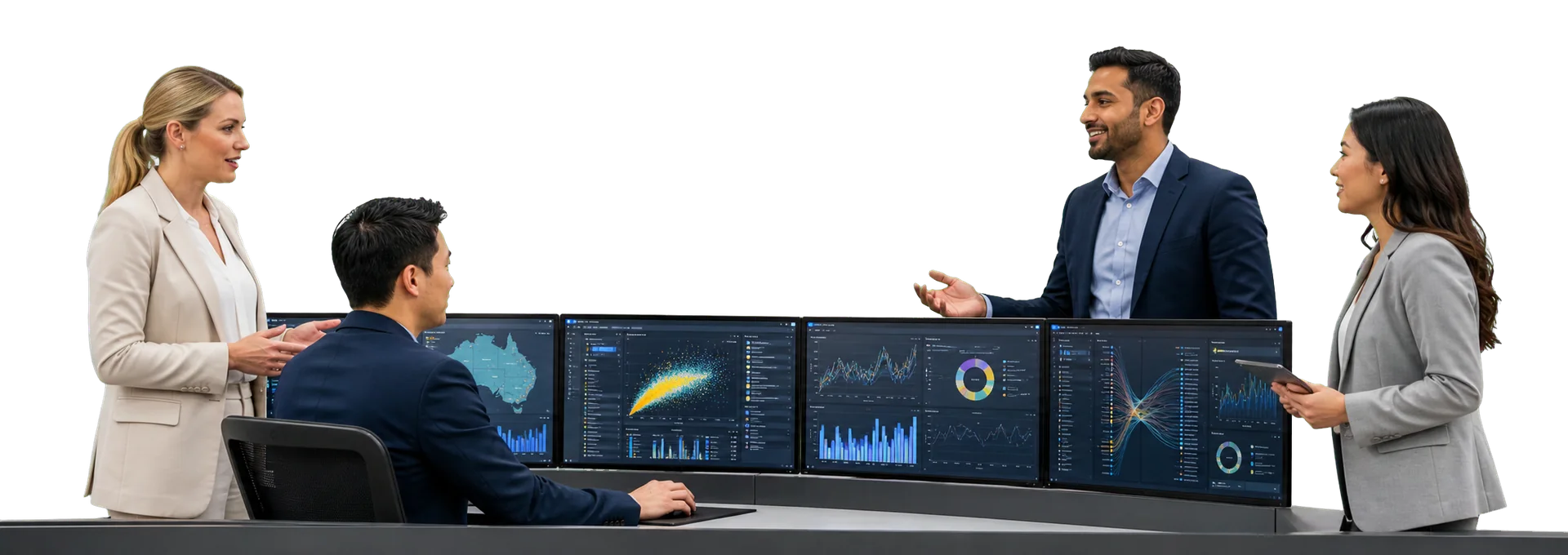 Data specialists collaborating around an analytics workstation