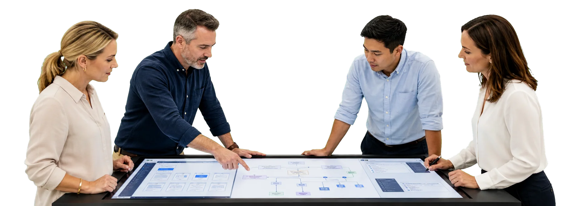 Application specialists collaborating on connected enterprise software