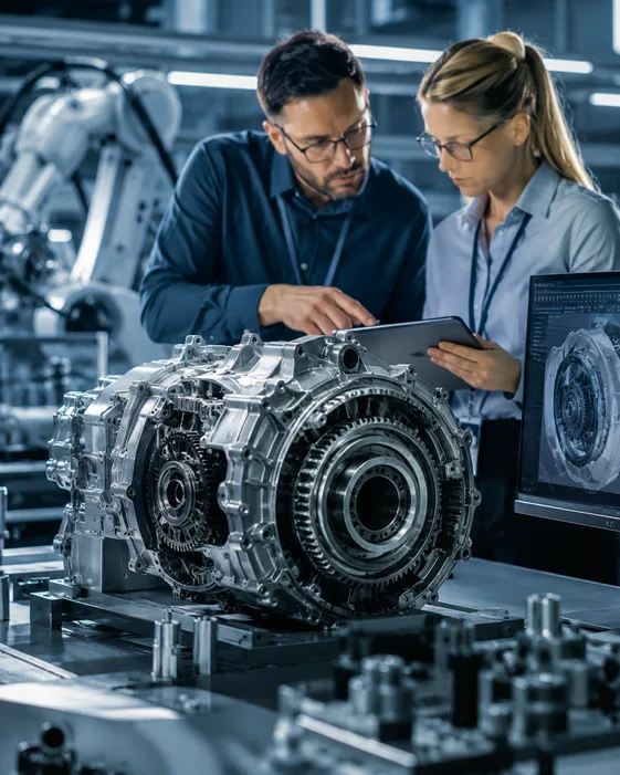 Engineers reviewing a precision drivetrain assembly in a manufacturing lab