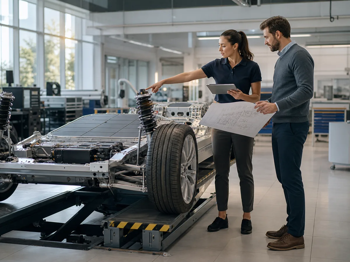 Engineers reviewing an electric vehicle chassis in an automotive development studio