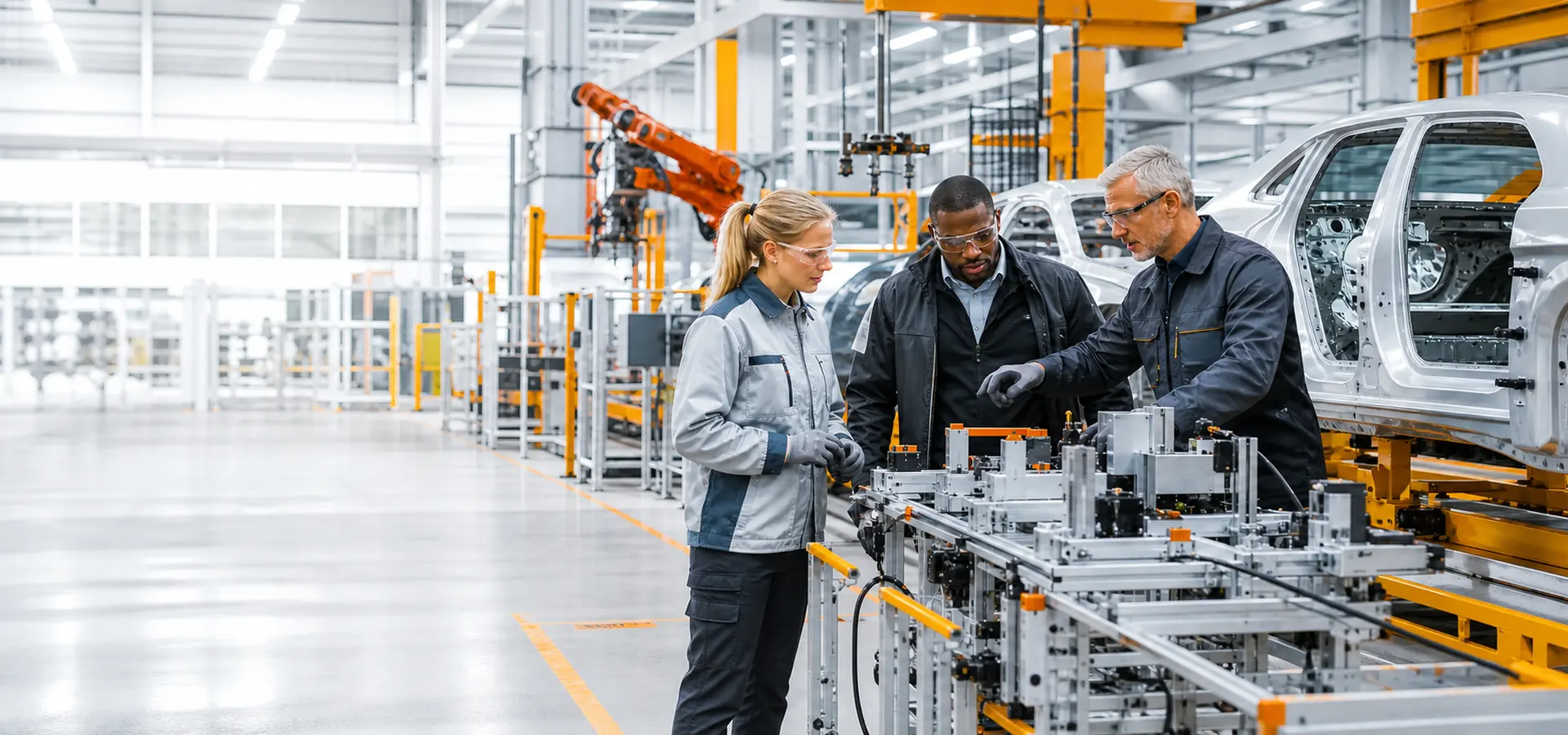 Automotive manufacturing engineers commissioning a modern assembly line