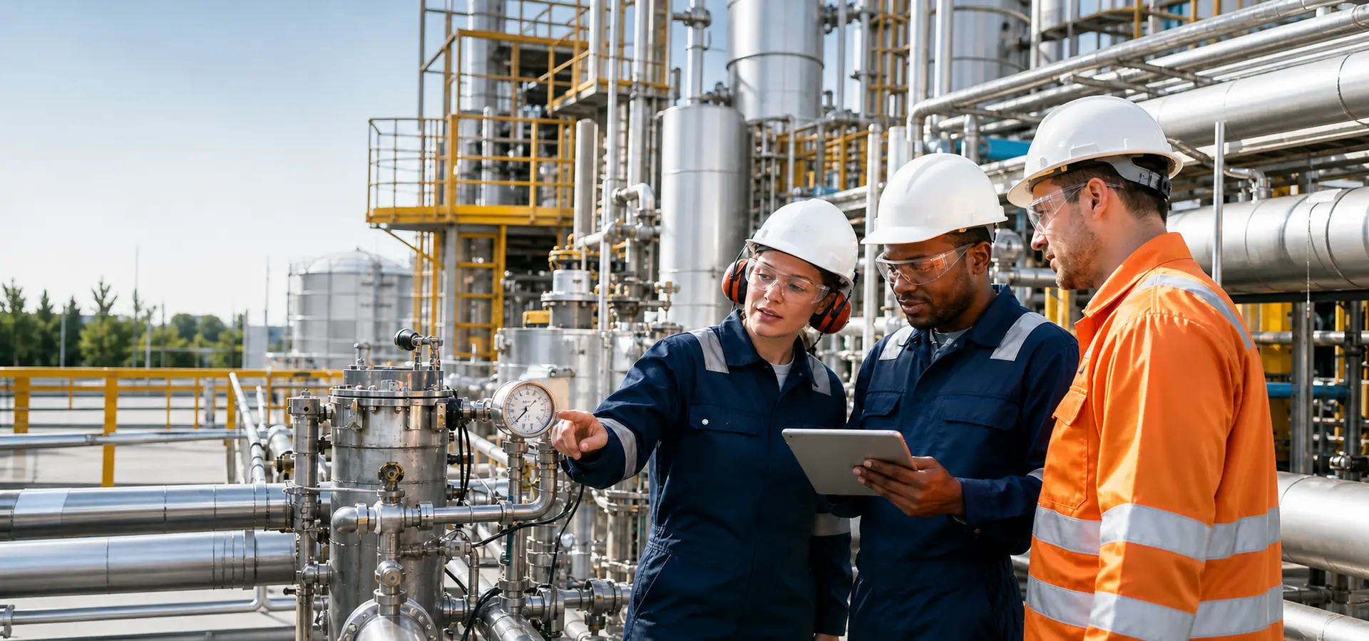 Chemical process engineers inspecting equipment in a bright modern facility