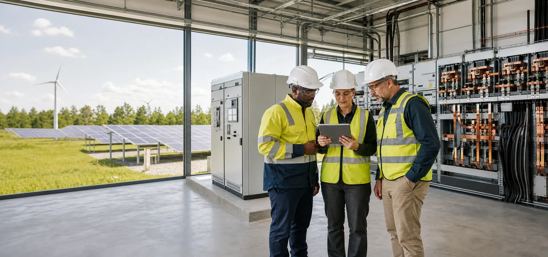 Energy engineers inspecting modern grid and renewable energy infrastructure