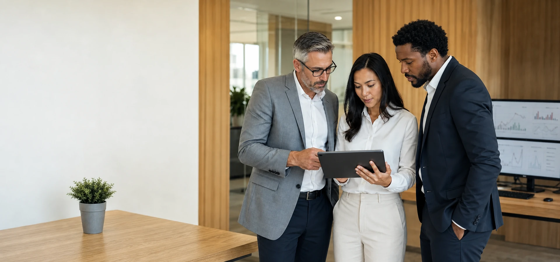 Financial technology professionals collaborating in a bright modern office