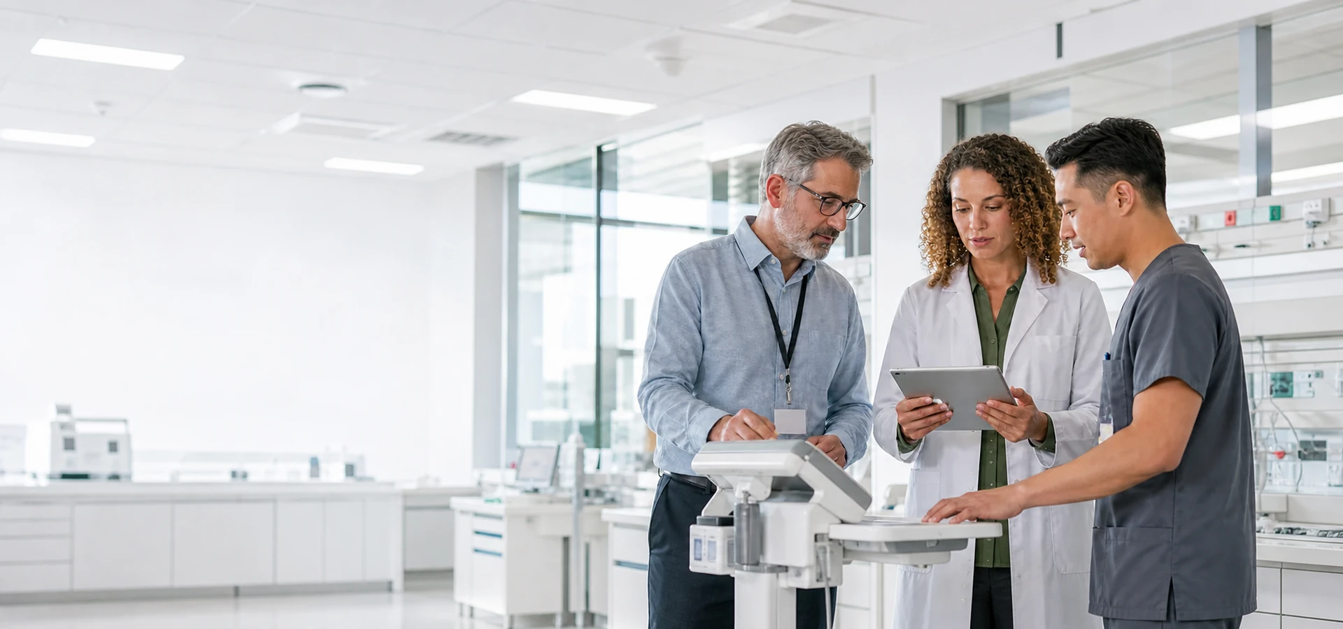 Healthcare technology specialists reviewing connected clinical systems
